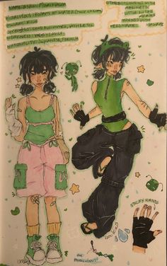 a drawing of two girls with green tops and black pants