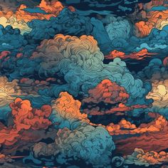 colorful clouds are in the sky with orange and blue hues on them, as if they