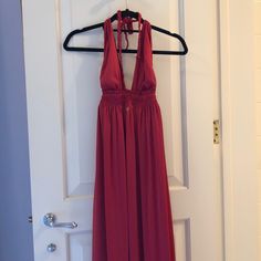 Brand New Free People Satin Maxi Dress, Braided Halter Tie, Perfect Condition Red Ruched Maxi Dress For Beach, Red Ruched Maxi Dress For The Beach, Red Halter Dress For Summer Formal, Red Halter Dress For Summer Formal Events, Red V-neck Maxi Dress With Tie Back, Red V-neck Halter Dress For Spring, Red V-neck Dress With Tie Back, Red Tie-back Maxi Dress For Date Night, Red Tie Back Maxi Dress For Date Night