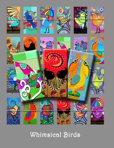 several colorful birds are depicted in this collage with the words whimsical birds