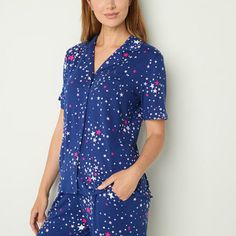 This women's pajama set by Sleep Chic has an all-over print and adds extra coziness to your sleepwear rotation. Made from soft stretch-jersey, it includes a collared short-sleeve top with a button-front closure, and a pair of matching pants with an elastic-drawstring waist and side slip pockets.# Pieces In Set: 21st Piece Description: Top1st Piece Collar: Notch Collar1st Piece Pockets: 1 Chest Slip Pocket(s)1st Piece Apparel Length: 26 Inches1st Piece Fabric: Jersey1st Piece Fiber Content: 95% P Matching Pants, Pajama Sets, Drawstring Waist, Pajama Set, Pajamas, Product Description, Womens Shorts, Collar, Pants