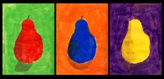 three different colored paintings of pears and oranges