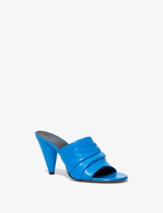 Proenza Schouler Gathered Cone Sandals in Glossy Leather - Bright Blue | Proenza Schouler Official Site Luxury Blue Mules, Modern Blue Mules For Summer, Modern Blue Summer Mules, Designer Patent Leather Mules For Summer, Blue Mules For Summer Evenings, Designer Blue Leather Sandals, Evening Blue Mules With Padded Heel, Blue Evening Mules With Padded Heel, Luxury Blue Sandals With Single Toe Strap