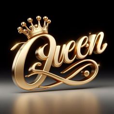 the word queen in gold with a crown on top