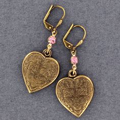 Sadie Green's Large Heart Vintage Reproduction Earrings Affordable Vintage Heart-shaped Jewelry, Vintage Double Heart Earrings For Anniversary, Antique Gold Brass Jewelry With Heart Charm, Vintage Heart Charm Drop Earrings, Vintage Gold Nickel-free Heart Earrings, Vintage Heart Charm Earrings For Anniversary, Vintage Gold Heart Earrings Nickel Free, Vintage Heart Earrings For Anniversary, Vintage Double Heart Pierced Earrings