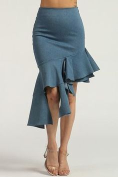 We love this gorgeous denim ruffle skirt, this classic fashion staple never goes out of style and remains a fashion runway favorite! High Waist Fitted Denim Skirt With Ruffles, High Waist Medium Wash Denim Skirt With Ruffles, Chic High Waist Denim Skirt With Ruffles, High Waist Ruffled Denim Skirt, Fitted High-waist Denim Skirt With Ruffles, Skirts Online, Casual Skirts, Ruffle Skirt, High Waisted Denim