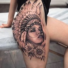 Side Thigh Tattoos Women, Indian Girl Tattoos, Side Hip Tattoos, Side Thigh Tattoos, Woman With Tattoos, Girl Thigh Tattoos, Hip Thigh Tattoos, Native Tattoos, Hip Tattoos Women