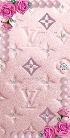 pink roses and pearls are arranged in the shape of a frame with diamonds on it