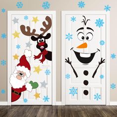 two doors decorated with cartoon characters and snowflakes