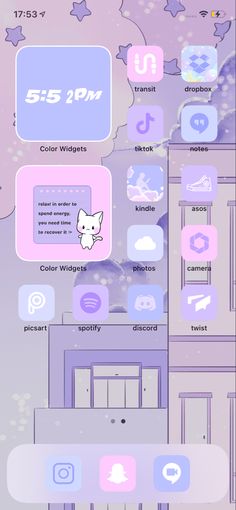 an image of a purple and blue background with icons on the bottom right corner, including a white cat