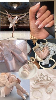 a collage of ballet images including shoes, tiara and jewelry