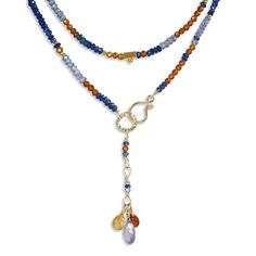 Gold & Stone Necklace - A gold clasp and beads highlight a mixed array of Sapphire, Hessonite and Tanzanite in this multi-colored stone necklace. This unique necklace doubles as a gemstone bead bracelet. The total length of 33-34.5 has 3 clasp options which are 1 inch apart, and the necklace can be worn long or wrapped for a layered look with the clasp in front. Double Wrap Necklace, Gold Gemstone Beaded Lariat Necklace, Gold Lariat Beaded Necklace With Gemstone, Elegant Multi-stone Beaded Necklace, Gold Multi-stone Beaded Necklaces For Jewelry Making, Gold Stone Necklace, Dainty Gemstone Necklace, Sodalite Necklace, Necklace Stack