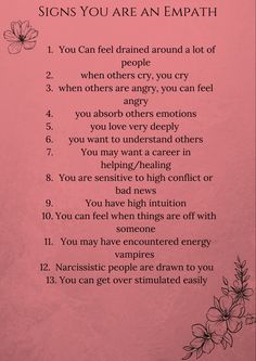 a pink poster with the words signs you are an empath