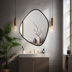 a bathroom with a mirror, sink and potted plant