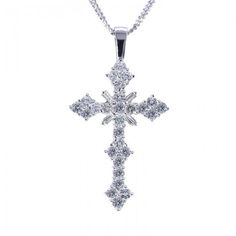 "This fascinating diamond pendant is set with 4.25ctw round brilliant cut and baguette-cut diamonds that are beautifully set to form a lustrous diamond cross. Each diamond dazzles and sparkles from every angle. All of the diamonds are set and secured in a prong setting. This diamond cross pendant necklace is set in 14k white gold and comes with triple chain 16\" inch long. For more information, contact Avital & Co Jewelry at (212) 764-6851 SKU: WDC1923 DIAMOND SPECIFICATION Diamond Shape (Cu Luxury Cross-shaped Diamond Cut Necklace, Classic Diamond Pendant Cross Necklace, Luxury Diamond White Cross Necklace Gift, Luxury Diamond White Cross Necklace As Gift, Luxury Diamond White Cross Necklace For Gift, Luxury Vvs Clarity Diamond Cross Pendant Necklace, Classic Diamond Cross Necklace For Formal Occasions, Elegant White Gold Round Cross Necklace, Elegant Silver Cross Necklace With Cubic Zirconia