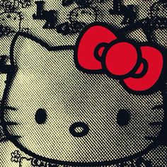 an image of a hello kitty poster with red bow on it's head and the word hello kitty written in black ink