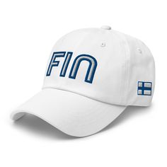 "Display your Finnish pride with this stylish, low-profile Finland hat. Features an embroidered Finland team design with retro FIN text and the Finland national flag. A great choice for fans of Finland soccer, football or sports and an excellent gift for anyone who is from Finland or has Finnish roots. * Low-profile, unstructured 6-panel Finland hat * 100% chino cotton twill * Adjustable strap with antique buckle * Head circumference: 20 ½\" - 23 ⅝\"  * Type: baseball hat, dad cap, soccer hat * White Letter Print Baseball Cap For Fans, White Hats With Letter Print For Fan Merchandise, White Fan Merchandise Hats With Letter Print, White Letter Print Fan Merchandise Hat, White Sports Fan Hat With Letter Print, Sports Fan Baseball Cap With Embroidered Logo, Curved Brim Letter Print Baseball Cap For Sports Fans, White Baseball Cap With Letter Print For Sports Fans, Sports Fan Dad Hat For Sports Events