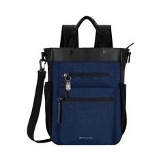 a blue and black backpack with two zippers