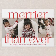 a christmas card with three photos and the words merier than ever in red on it