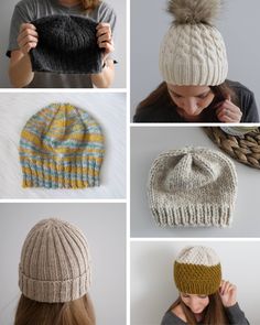 four different knitted hats are shown with the same hat on top and below them