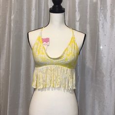 Raisins Bikini With Fringe Bra Yellow Triangle Halter Top For Spring, Spring Yellow Triangle Halter Top, Yellow Triangle Top For Spring, Yellow Halter Neck Top For Vacation, Yellow Triangle Halter Top For Summer, Yellow Halter Top For Spring Vacation, Yellow Halter Neck Crop Top, Yellow Beachwear Tops For Vacation, Yellow Halter Neck Top For Festival