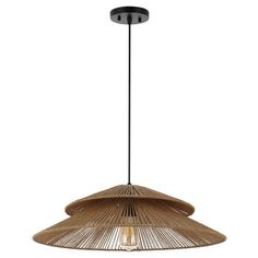 the bamboo light fixture is hanging from a black metal wire and has an oval shape