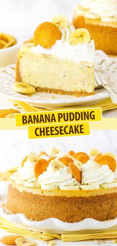 banana pudding cheesecake with whipped cream and bananas on top