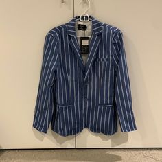 Trendy And Classic Blazer !! Handsome Steel Blue With White Stripes Has A Cool And Unique Look !! Fully Lined And Cotton/Polyester Fabric Blend (See Picture). Great For Holidays And Fun Occasions !! Navy Casual Cotton Blazer, Fitted Casual Sport Coat For Streetwear, Casual Fitted Sport Coat For Streetwear, School Blazer With Pockets And Long Sleeves, Long Sleeve School Blazer With Pockets, Long Sleeve Blazer With Pockets For School, Navy Cotton Outerwear For School, Navy Fitted Casual Blazer, Casual Blue Sport Coat For Spring