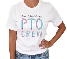 "Customize this PTO crew shirt with the name of your school for a unique and fun way to show off the PTO/PTA squad! If you would like the letter to say PTA instead of PTO just let me know! .:Ordering:. 1. Select the size from the drop down bar 2. Select the color from the drop down bar 3. Write the name of the school exactly as it will be printed in the \"Add your personalization\" box 4. Add the item to your cart 5. Come back to the listing and repeat steps 1-4 if you are ordering more than one Pto Shirt Ideas, Pto Crew Shirts, Pto Shirts Design, Pto Shirts, Pto Shirts Design Elementary Schools, Pta Shirts Elementary Schools, Pto Board, Pta Shirts, Parent Teacher Association