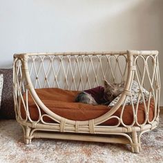 a dog laying in a bed made out of wicker and orange fabric on the floor