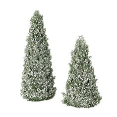 two small trees with snow on them are standing next to each other in front of a white background