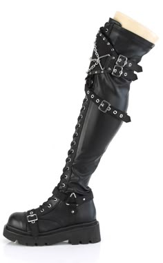 Fitted Punk Platform Boots For Alternative Fashion, Black Punk Knee-high Boots For Concerts, Alternative Style Knee-high Boots For Concert, Edgy Knee-high Boots For Streetwear, Edgy Fitted Platform Boots For Alternative Fashion, Black Punk Knee-high Boots For Alternative Fashion, Black Gothic Knee-high Boots For Concerts, Gothic Black Knee-high Boots For Concerts, Black Alternative Style Knee-high Boots For Concerts