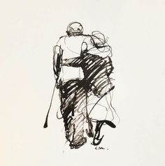 a black and white drawing of two people hugging each other with one holding the other's back