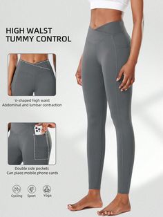 Women High Waist V-Shaped Cross Waist Hip Tight Yoga Pants With Side Pockets, Slimming Compression Tights For Fitness, Pilates, Quick Dry Dark Grey    Polyester Plain Skinny High Stretch All Women Activewear, size features are:Bust: ,Length: ,Sleeve Length: Fitness Pilates, Sports Pants Women, Legging Sport, Compression Tights, Over The Knee Socks, Mini Shorts, Inspiration Mode, Outdoor Woman, Sport Pants