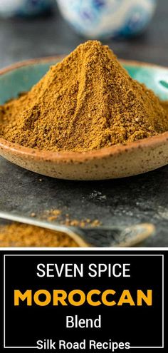 a spoon full of moroccan spice sits on top of a plate with the words seven spice moroccan