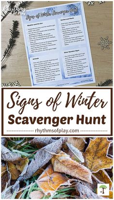 an image of a winter scavenger hunt with leaves and snowflakes on the ground