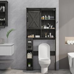 a white toilet sitting next to a bath tub in a bathroom under a wooden shelf