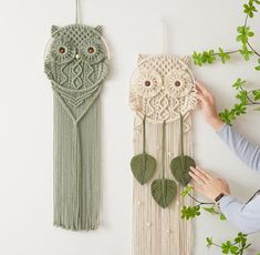 a woman is making an owl dream catcher with green leaves and crocheted yarn