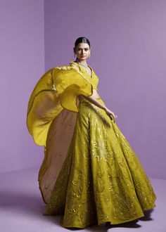 A lime green lehenga set featuring a v-neck embroidered blouse, ornamented with detailed tonal resham, sequins and stonework. Paired with an a-line heavily embellished lehenga and organza dupatta. Chic Lehenga, Modern Blouse, Lehenga And Blouse, Indian Wedding Bride, Tonal Embroidery, Indian Bridal Lehenga, Green Lehenga, Vacuum Storage, Embroidered Lehenga