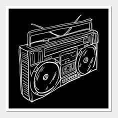 a black and white drawing of a boombox