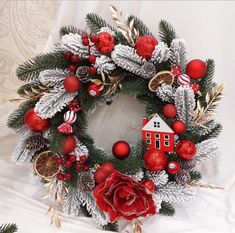 a christmas wreath with red and white decorations