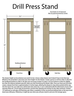 the drill press stand is shown with measurements