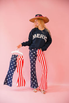 Get your little ones in the spirit with these Mini Kids American Flag Flare Pants. These patriotic pants showcase your child's love for the USA while providing a fun and unique style. Perfect for any occasion, these pants will definitely make a statement! All orders are currently shipping within 14 business days. To receive item quicker, expedited shipping is available at checkout. Cowgirl Bride, American Flag Kids, Wardrobe Stand, Touch Hand, Kids Races, Kids Golf, Rancher Hat, Baseball Trucker Hat, Usa Dresses