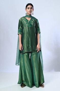 Green short kurta with ditsy floral embroidery on the yoke and cuffs using beads, zari, sequin. Paired with a sharara and dupatta. - Aza Fashions Radhika Madan, Rhea Kapoor, Mira Rajput, Sanya Malhotra, Chanderi Kurta, Short Kurta, Diana Penty, Rohit Bal, Jacqueline Fernandez