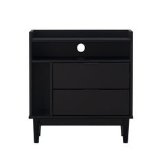 a black cabinet with two drawers on one side and an open drawer on the other