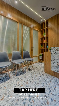 three chairs in a room with wood paneling on the walls, and text tap here more images below