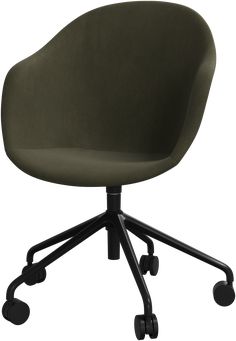 an olive green office chair with black casteors and wheels, viewed from the front