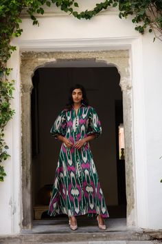 De Castro showcases a seamless and unique blend of traditional Indian craftsmanship, contemporary design, and the founder’s Colombian heritage. Every piece is handmade by artisans, using time-honored techniques and the finest cotton and silk fibers, resulting in exceptional quality, sustainability, and style. Crafted in sumptuous, handwoven silk ikat, the Green Jodhpur Dress is cut with a fitted body, and boasts a collared neckline as well as delightful, ballon sleeves. Product Details 100% silk Traditional Cotton Silk Maxi Dress, Traditional Ikat Print Dress For Festive Season, Traditional Long Sleeve Dress With Ikat Print, Traditional Long Sleeve Ikat Print Dress, Transitional Season Silk Straight Kurta Dress, Traditional Cotton Midi Dress, Traditional Ikat Print Festive Dress, Traditional Multicolor Cotton Maxi Dress, Cotton Handloom Dress With Straight Kurta