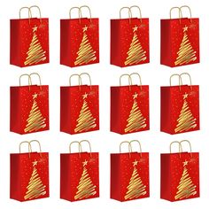 twelve red shopping bags with gold christmas trees on them