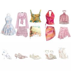 there are many different types of clothes and shoes on this white background, including dresses